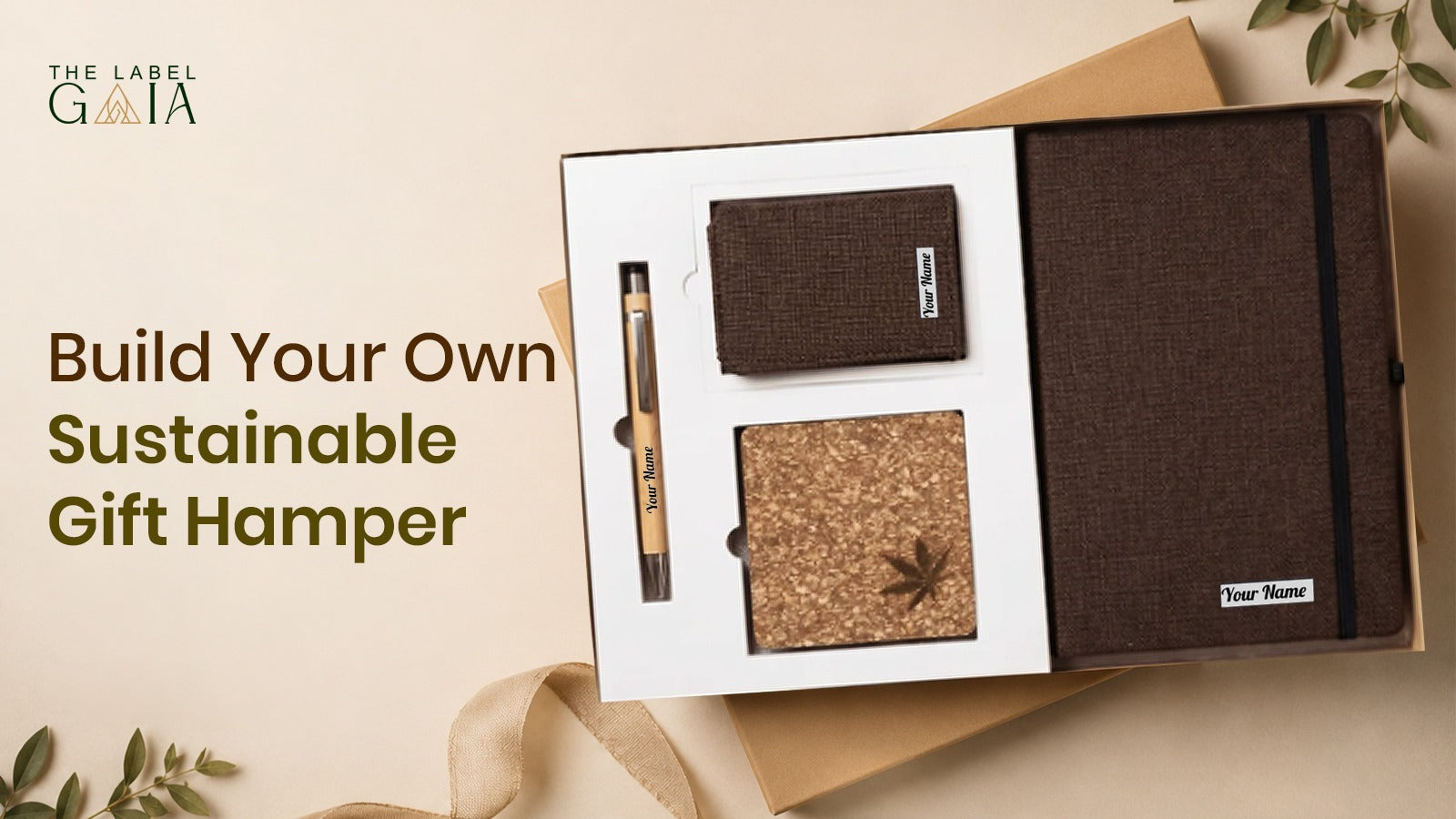 Sustainable gift hamper built from hemp travel accessories, a diary and wooden coasters