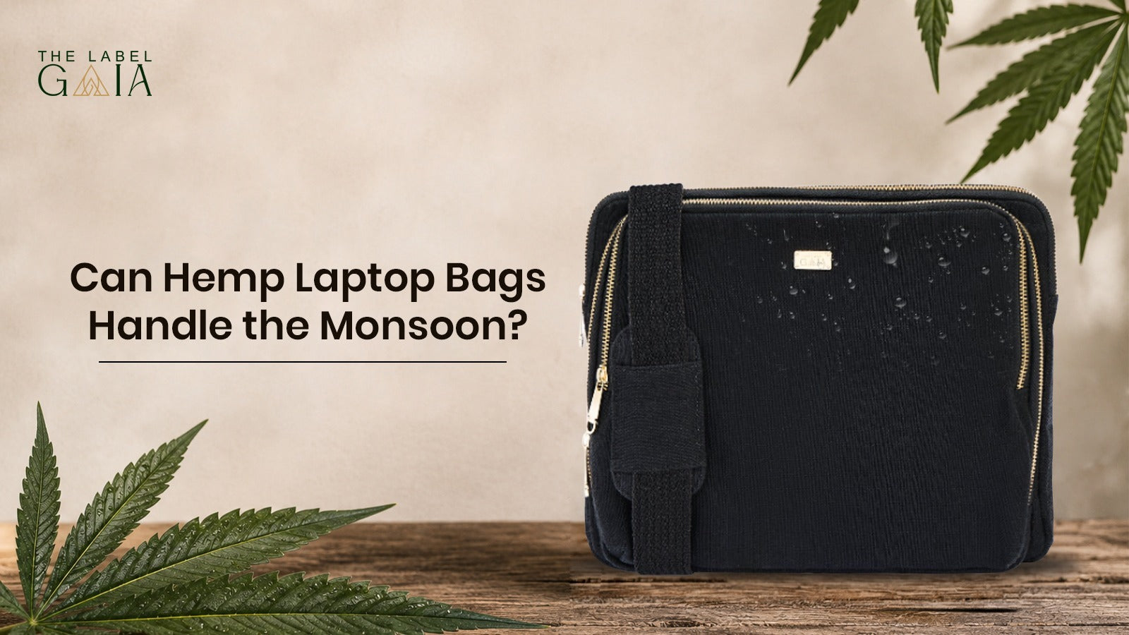 Hemp laptop bag with a full zip closure and padded compartment in light rain