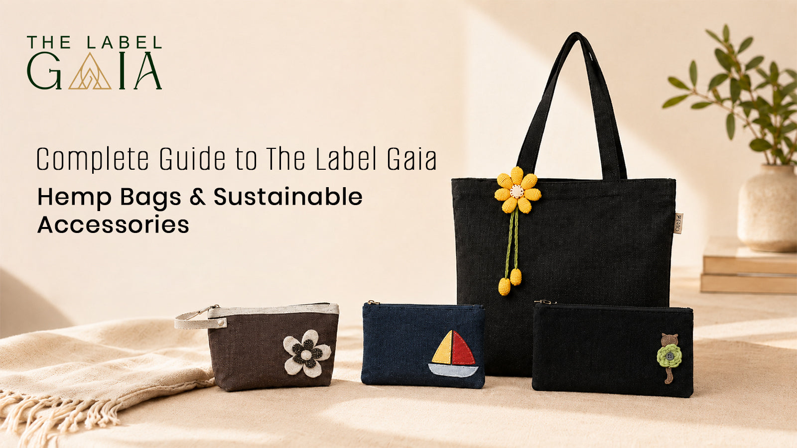Range of hemp bags and accessories from The Label Gaia