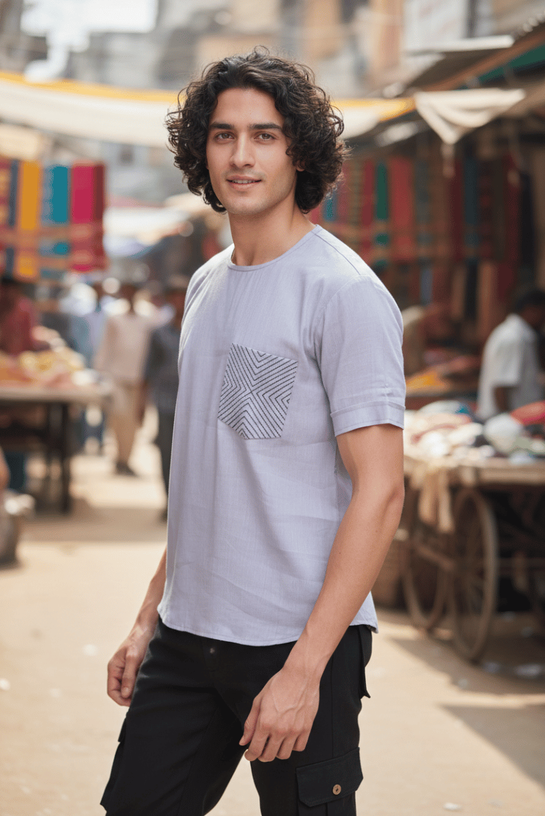 Men' Hemp T-Kurta with Geometric Anchor Stitch Pocket