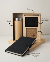 Sustainable Signature Hamper 1 : Hemp Button Flap Closure Diary, Hemp Horizontal Card Holder, Hemp Coaster, Bamboo Bottle & Bamboo Pen.