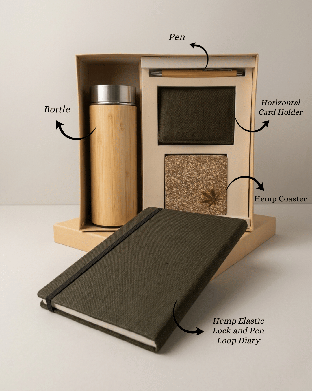 Sustainable Signature Gift Set 1 : Hemp Elastic Lock and Pen Loop Diary, Hemp Horizontal Card Holder, Hemp Coaster, Bamboo Bottle& Bamboo Pen