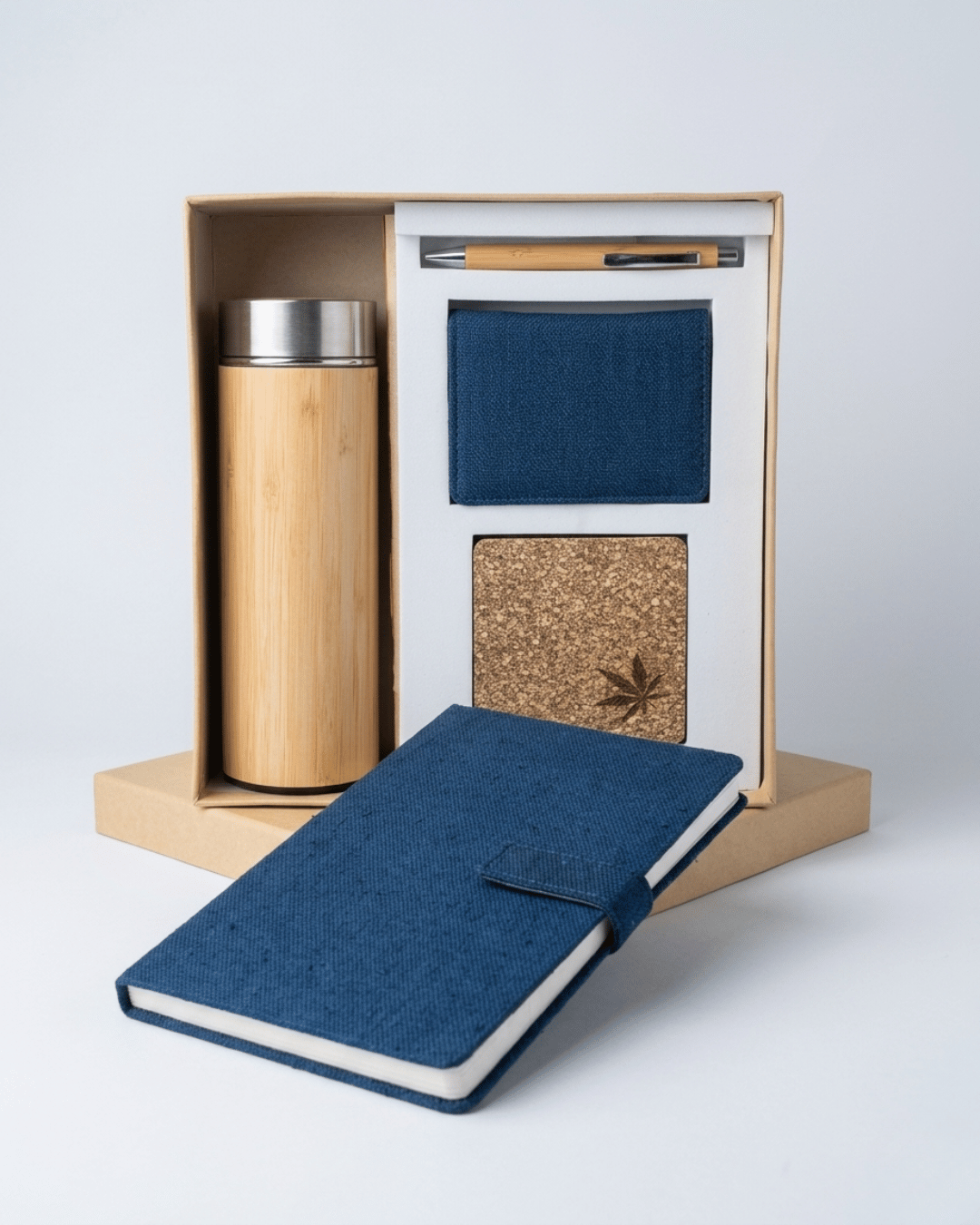 Sustainable Signature Hamper 1 : Hemp Button Flap Closure Diary, Hemp Horizontal Card Holder, Hemp Coaster, Bamboo Bottle & Bamboo Pen.