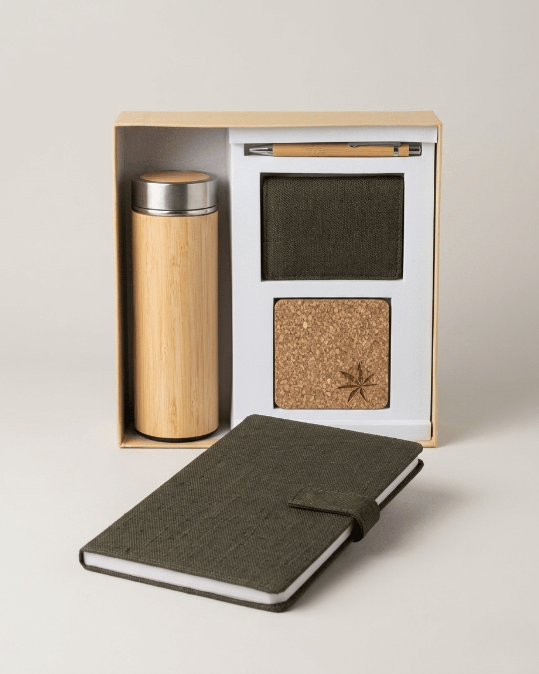 Sustainable Signature Hamper 1 : Hemp Button Flap Closure Diary, Hemp Horizontal Card Holder, Hemp Coaster, Bamboo Bottle & Bamboo Pen.