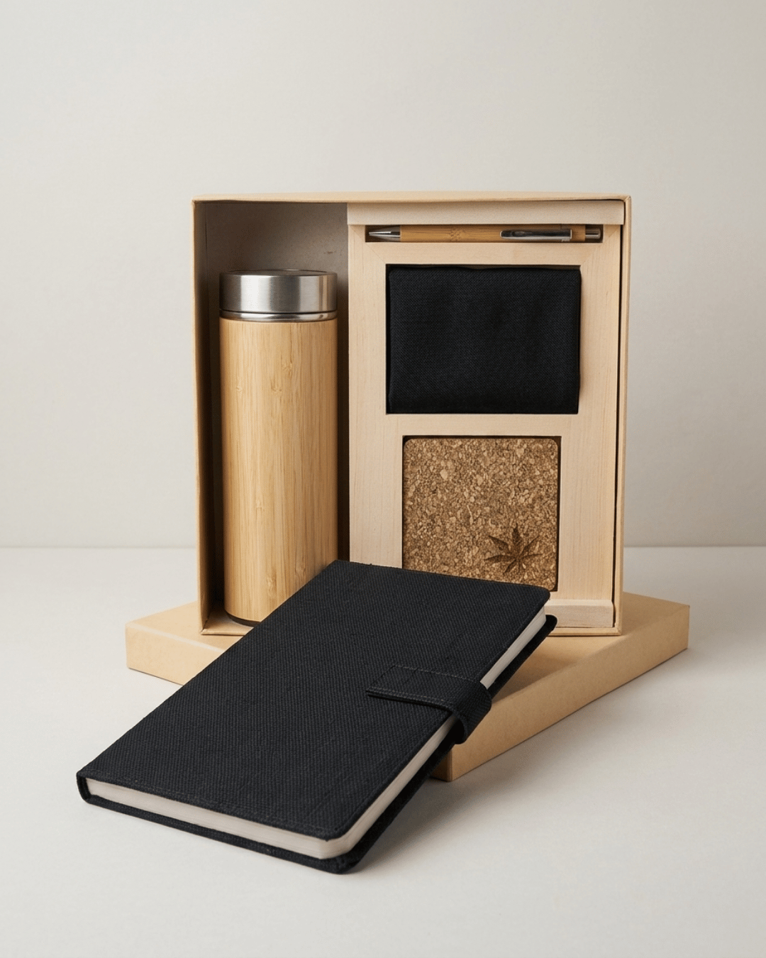 Sustainable Signature Hamper 1 : Hemp Button Flap Closure Diary, Hemp Horizontal Card Holder, Hemp Coaster, Bamboo Bottle & Bamboo Pen.
