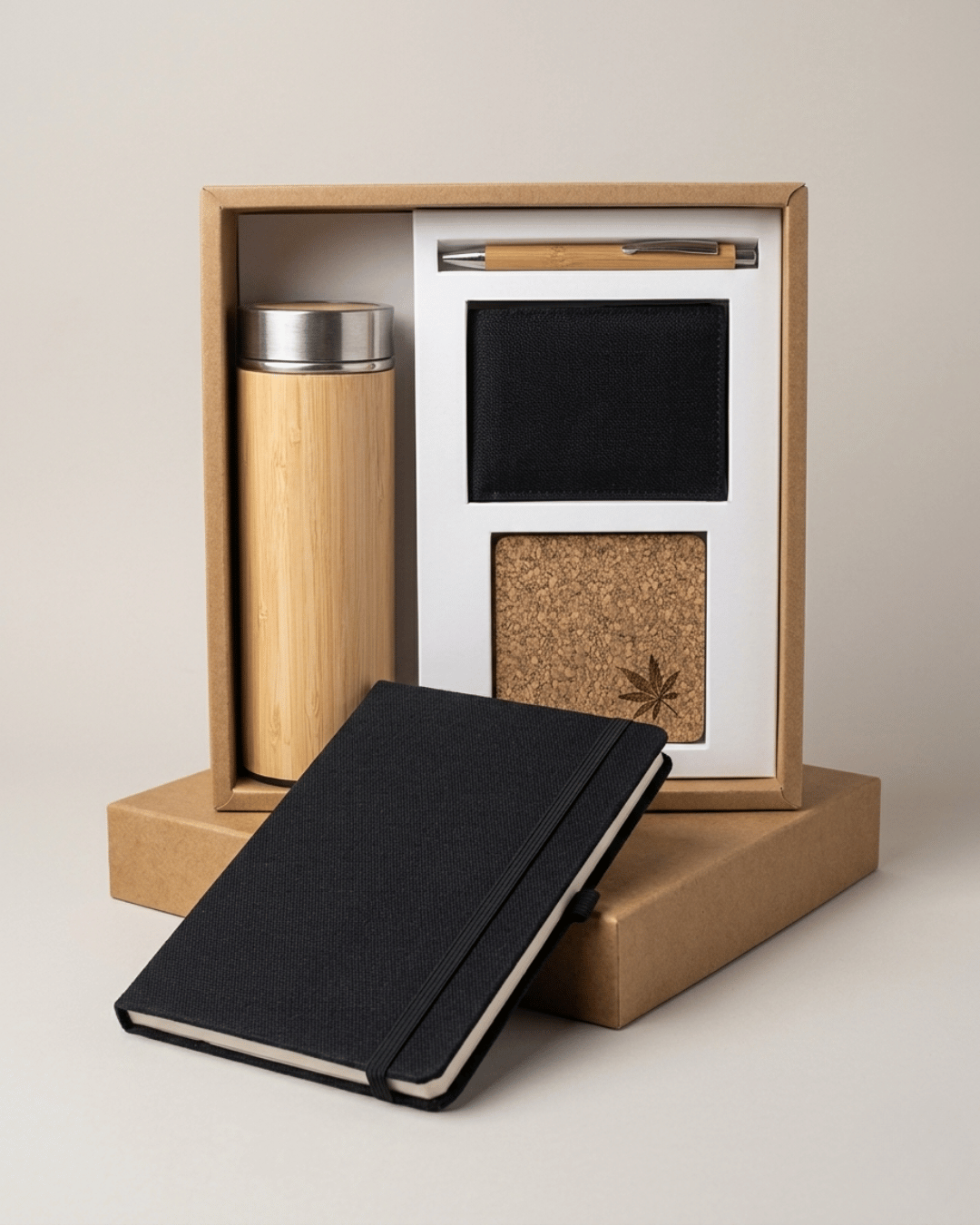 Sustainable Signature Gift Set 1 : Hemp Elastic Lock and Pen Loop Diary, Hemp Horizontal Card Holder, Hemp Coaster, Bamboo Bottle& Bamboo Pen