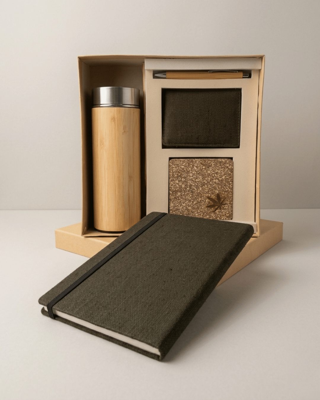 Sustainable Signature Gift Set 1 : Hemp Elastic Lock and Pen Loop Diary, Hemp Horizontal Card Holder, Hemp Coaster, Bamboo Bottle& Bamboo Pen