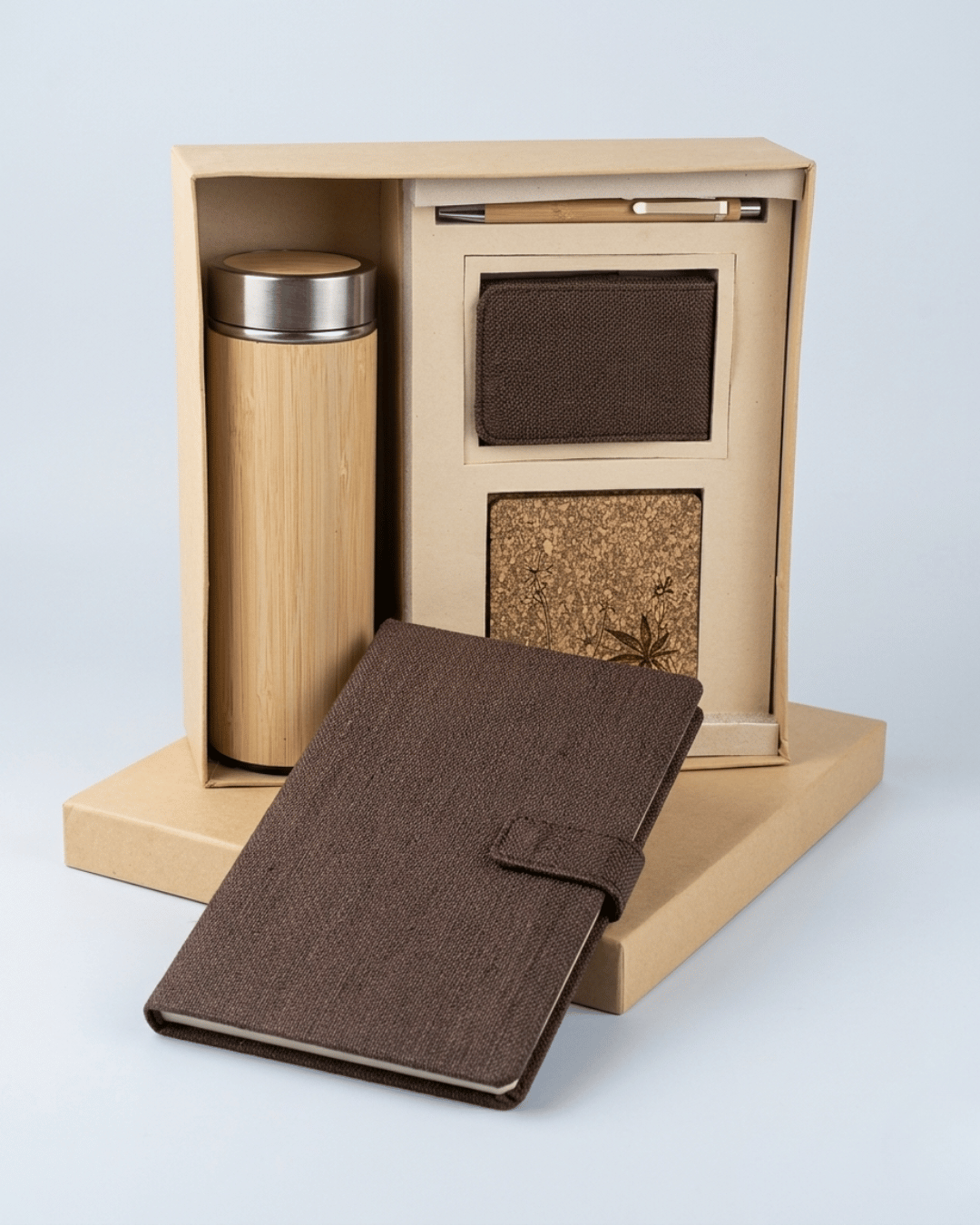 Sustainable Signature Hamper : Hemp Button Flap Closure Diary, Hemp Vertical Card Holder, Hemp Coaster, Bamboo Bottle &amp; Bamboo Pen