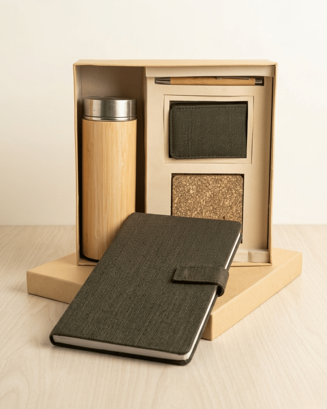 Sustainable Signature Hamper : Hemp Button Flap Closure Diary, Hemp Vertical Card Holder, Hemp Coaster, Bamboo Bottle &amp; Bamboo Pen