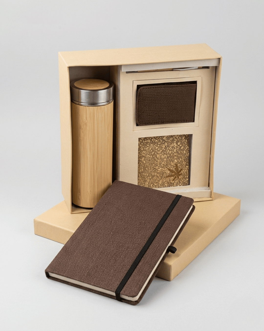 Sustainable Signature Gift Set: Hemp Elastic Lock and Pen Loop Diary, Hemp Vertical Card Holder, Hemp Coaster, Bamboo Bottle &amp; Bamboo Pen