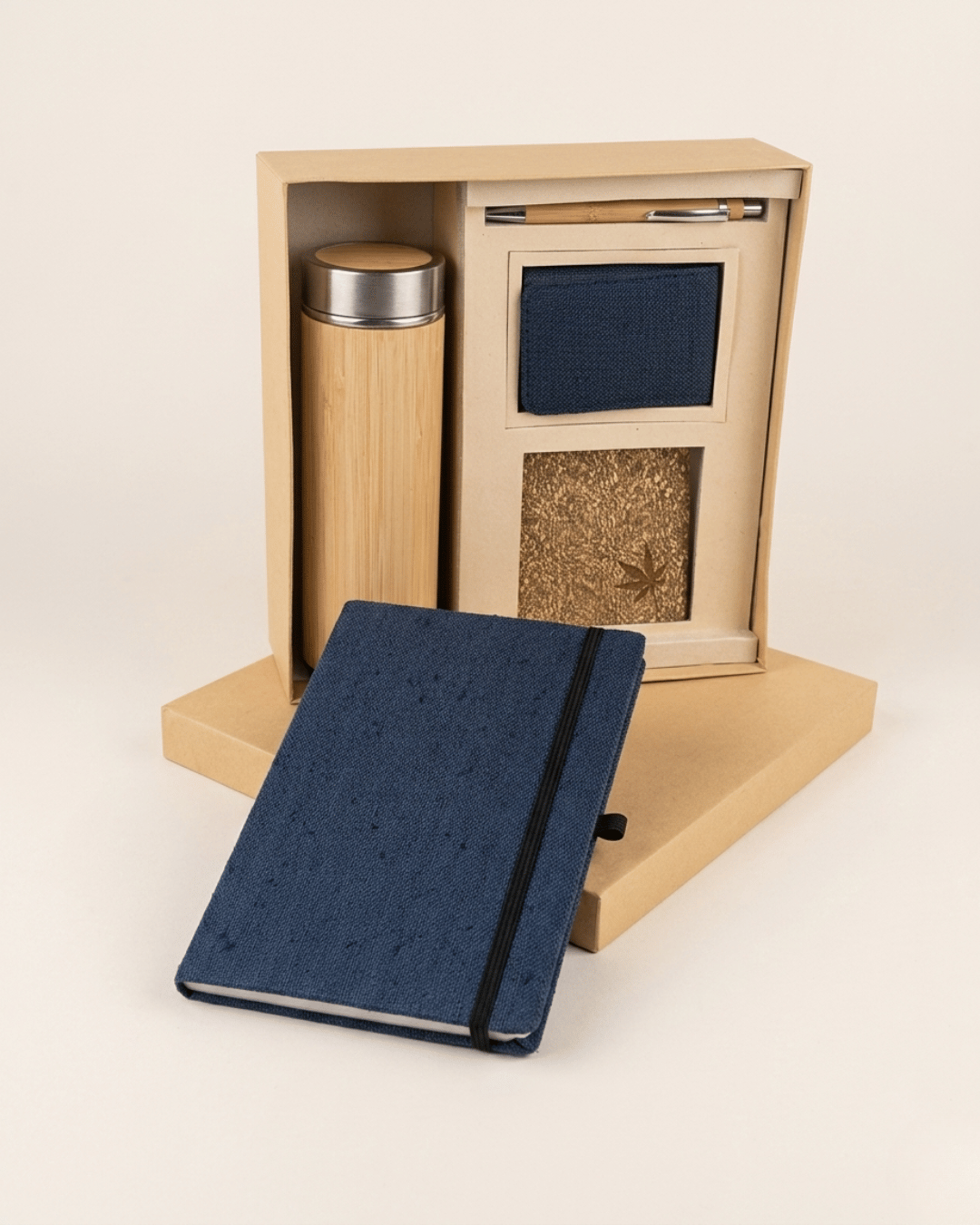 Sustainable Signature Gift Set: Hemp Elastic Lock and Pen Loop Diary, Hemp Vertical Card Holder, Hemp Coaster, Bamboo Bottle &amp; Bamboo Pen
