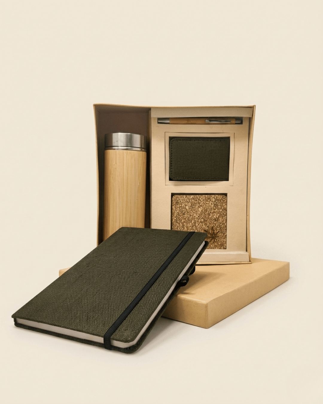 Sustainable Signature Gift Set: Hemp Elastic Lock and Pen Loop Diary, Hemp Vertical Card Holder, Hemp Coaster, Bamboo Bottle &amp; Bamboo Pen