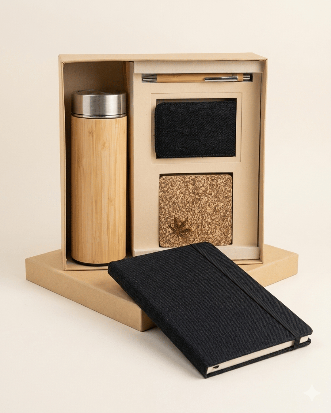 Sustainable Signature Gift Set: Hemp Elastic Lock and Pen Loop Diary, Hemp Vertical Card Holder, Hemp Coaster, Bamboo Bottle &amp; Bamboo Pen