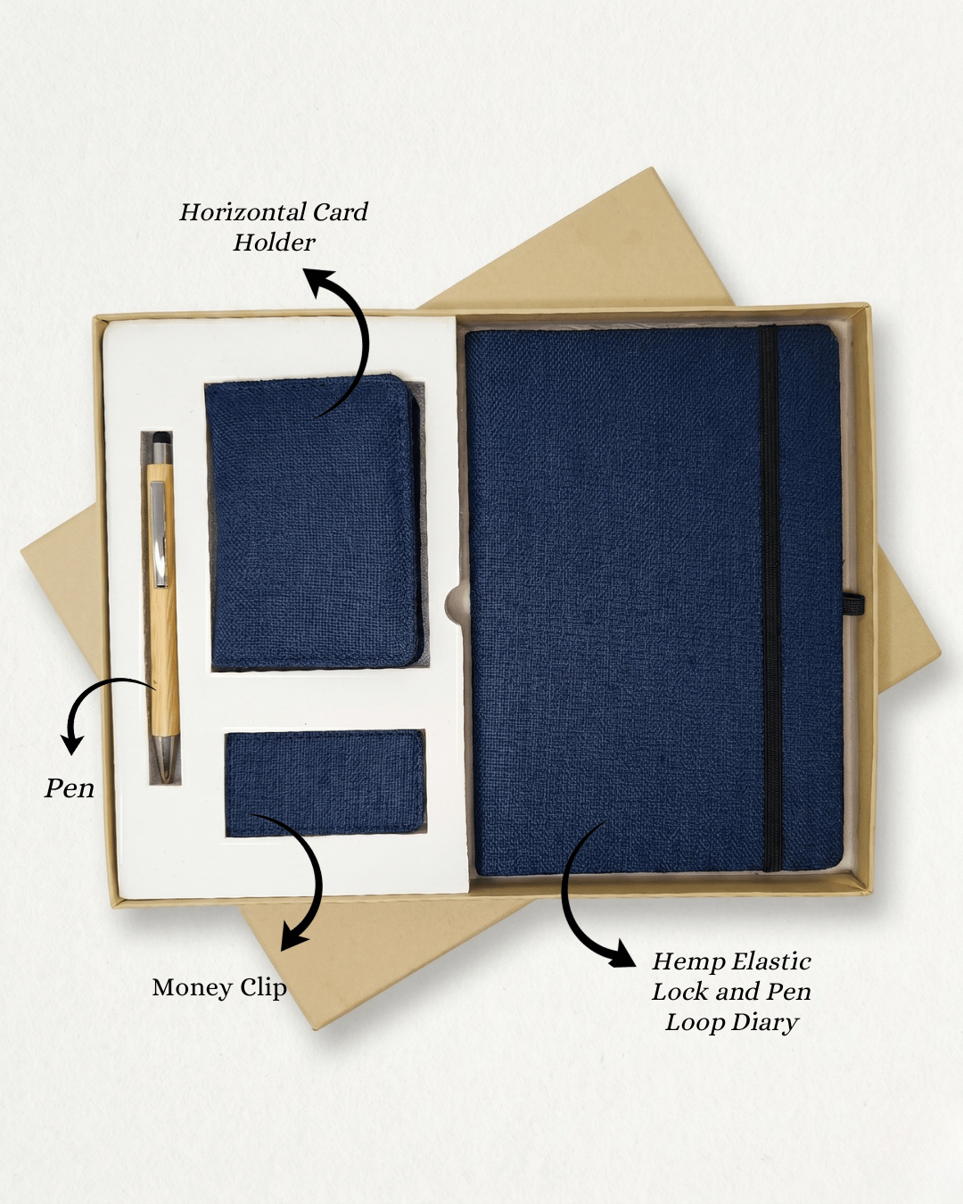The Executive Gift Set 1 : Hemp Diary with Elastic Loop, Money Clip, Horizontal Card Holder & Pen