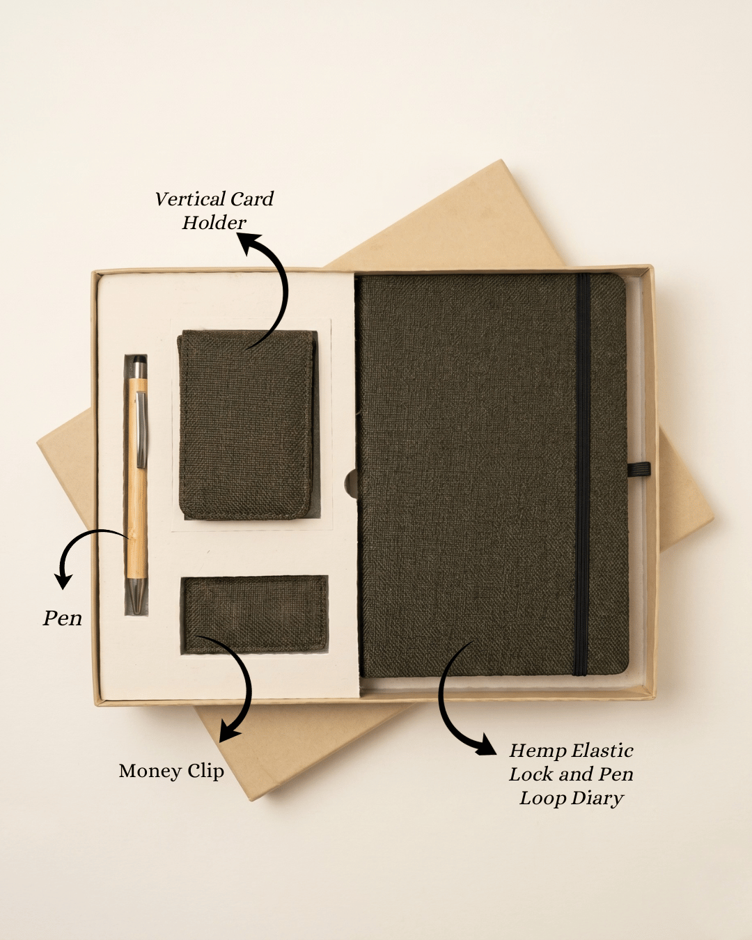 The Executive Gift Set : Diary with Elastic loop, Vertical Card Holder, Money clip & Pen