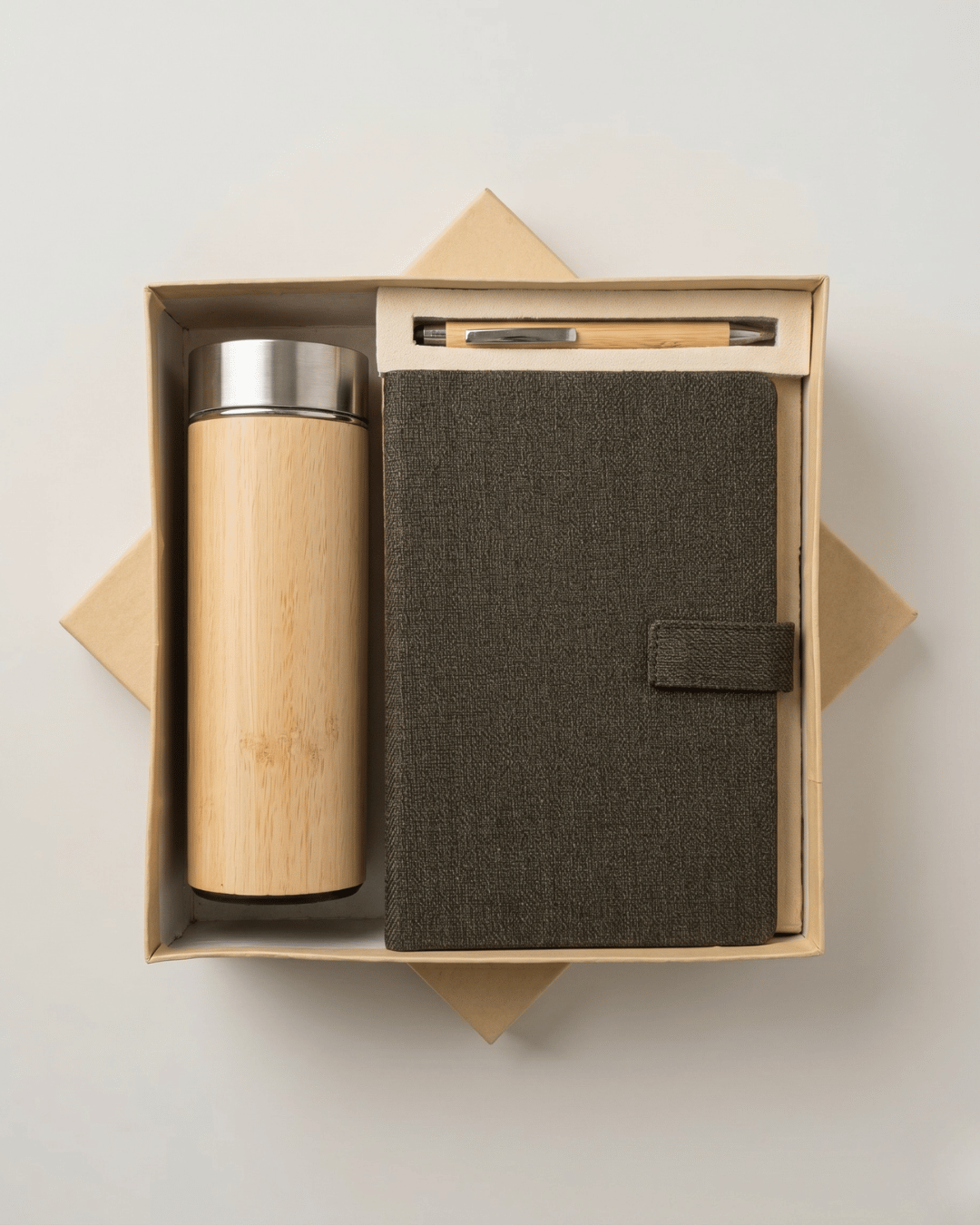 Premium Hamper:Hemp Diary With Button Flap Closure, Pen & Bottle