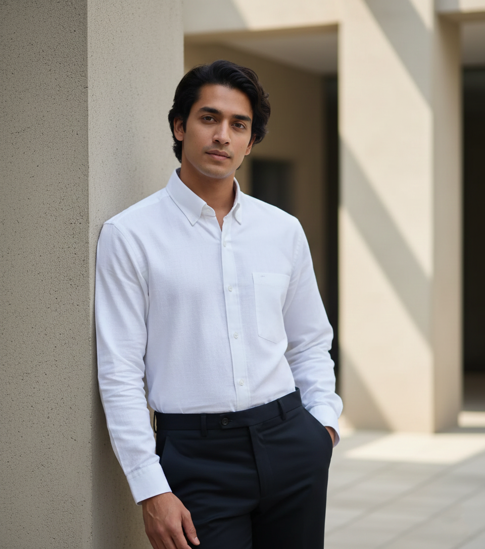 Classic White Men Solid  Formal Shirt Hemp Bamboo
