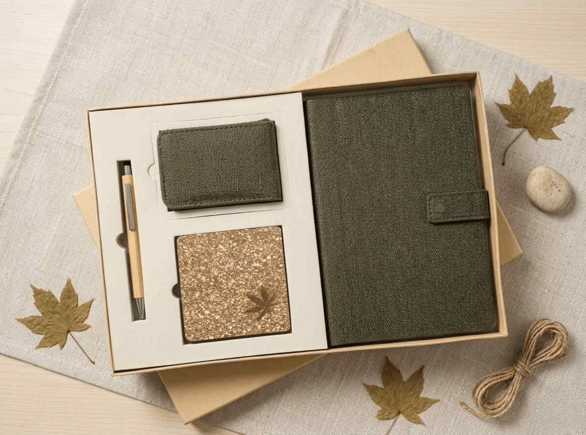 Sustainable Desk Hamper: Diary With Button Flap Closure, Vertical Card Holder, Coaster & Pen