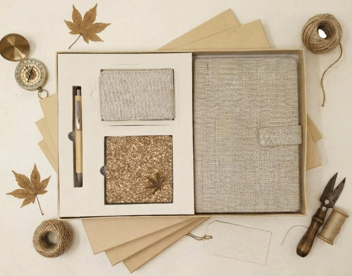 Sustainable Desk Hamper: Diary With Button Flap Closure, Vertical Card Holder, Coaster & Pen
