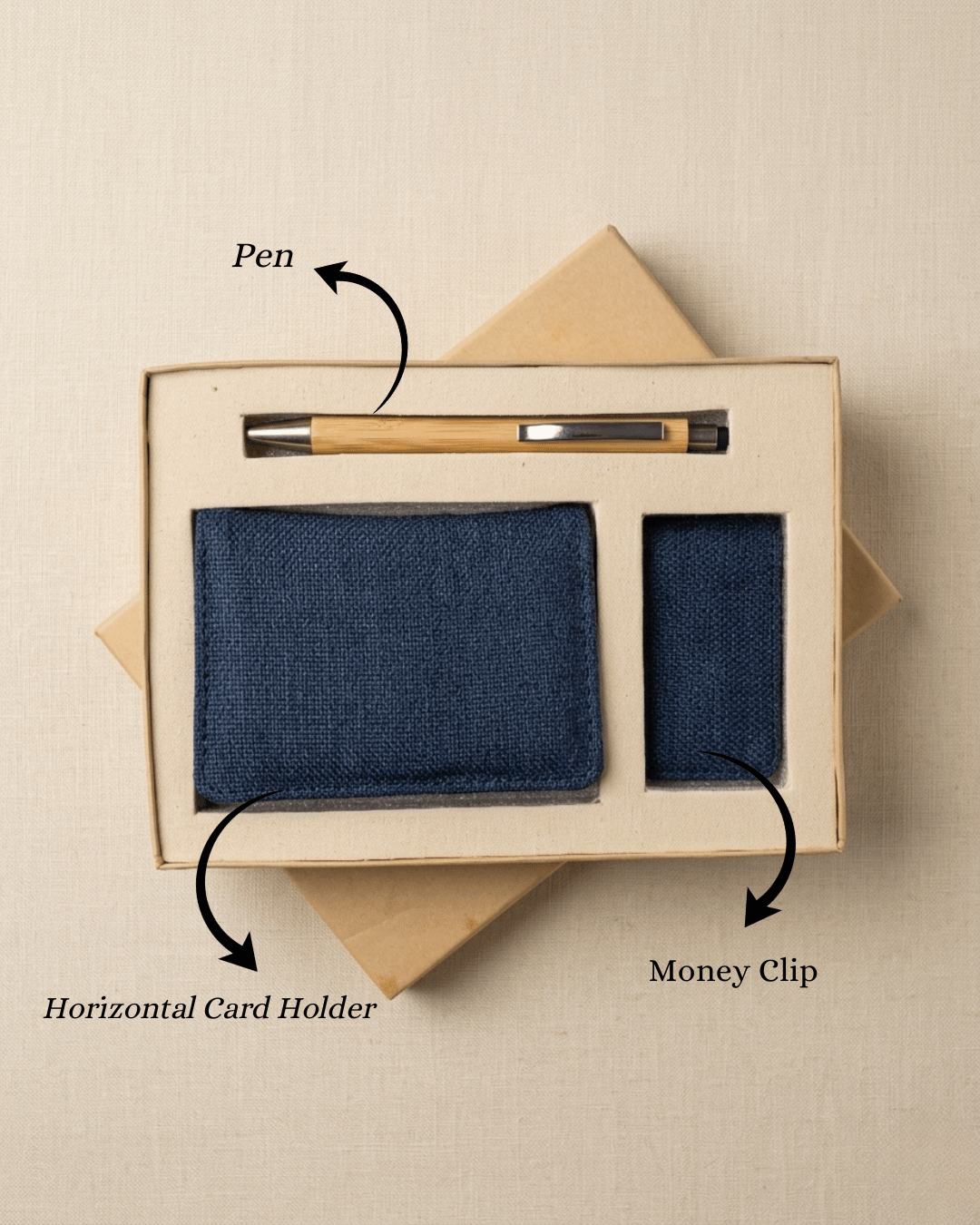 Eco Conscious Gift Set: Hemp Horizontal Card Holder, Hemp Money Clip & Pen