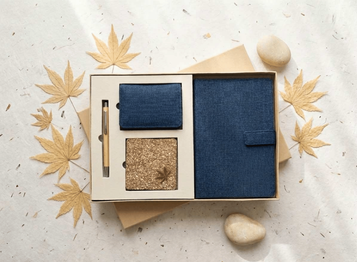 Sustainable Desk Hamper: Diary With Button Flap Closure, Vertical Card Holder, Coaster & Pen