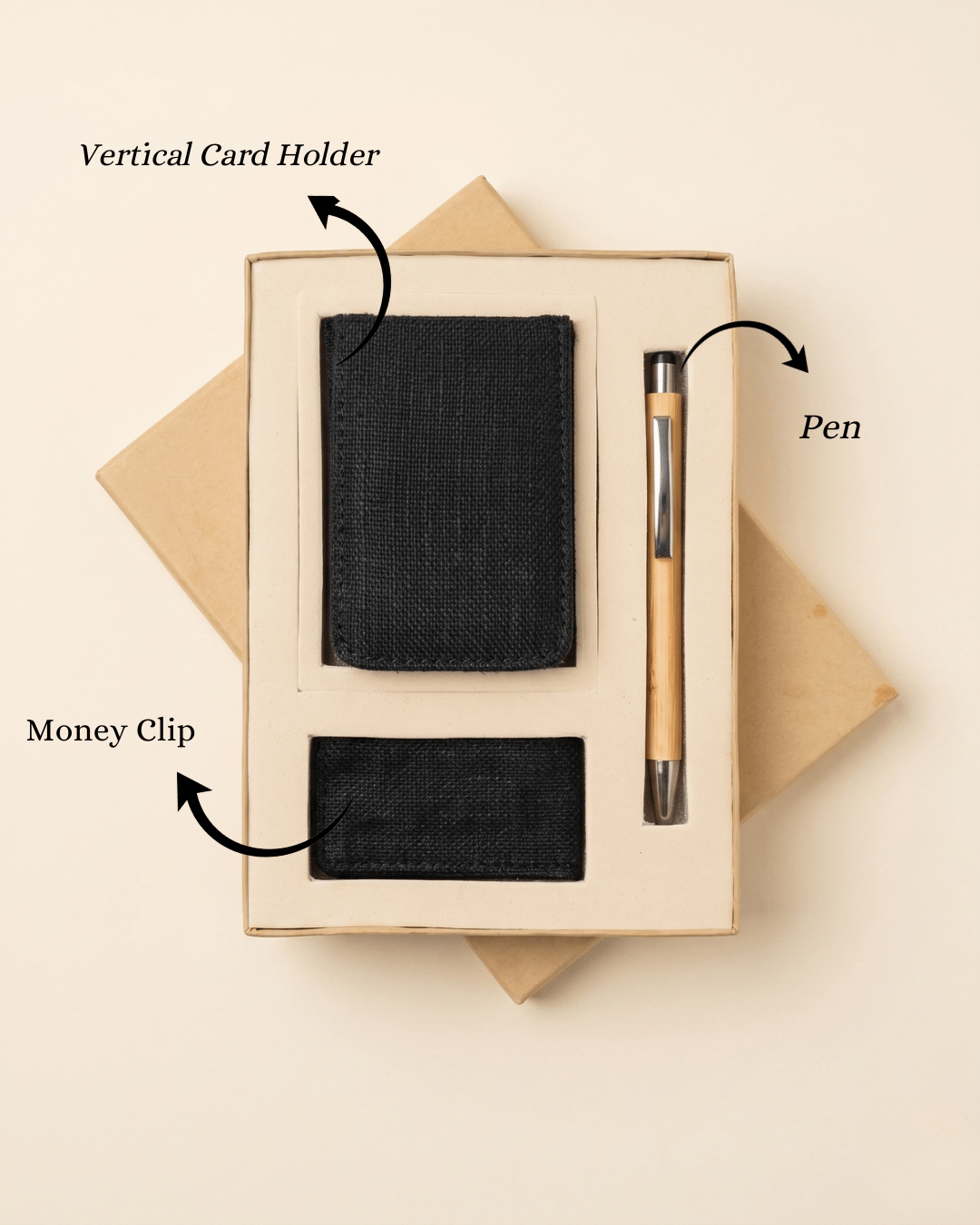 Eco Conscious Hamper: Hemp Vertical Card Holder, Hemp Money Clip & Pen