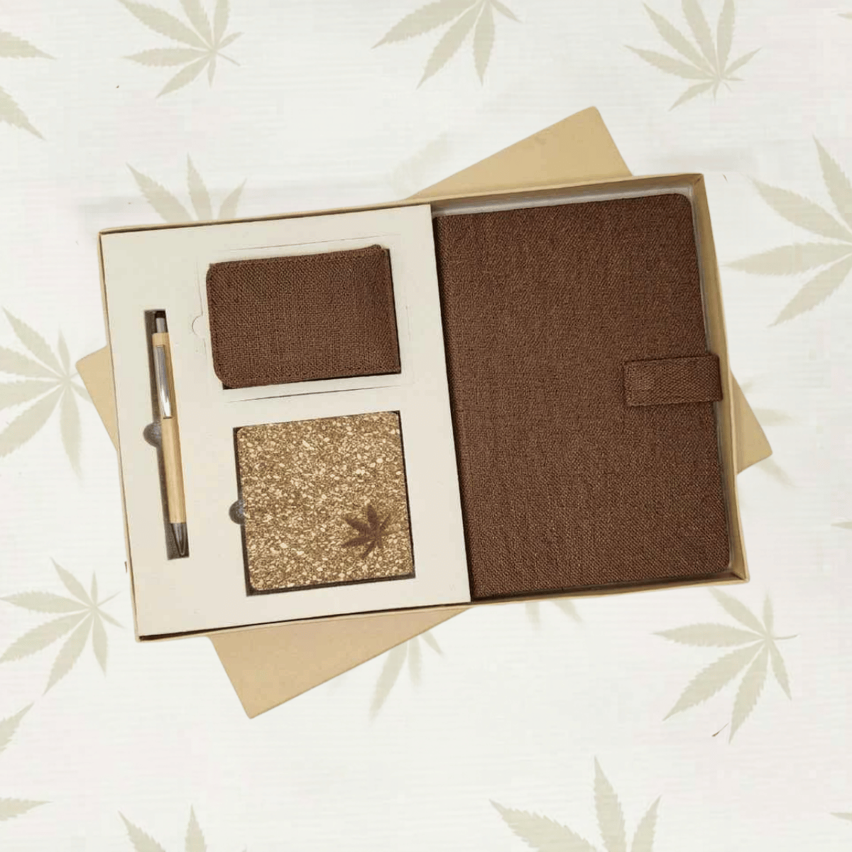 Sustainable Desk Hamper: Diary With Button Flap Closure, Vertical Card Holder, Coaster & Pen