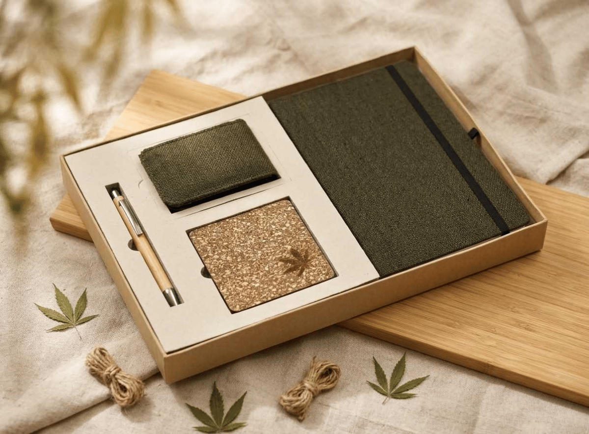 Sustainable Desk Gift set : Diary With Elastic loop, Vertical Card Holder, Coaster & Pen