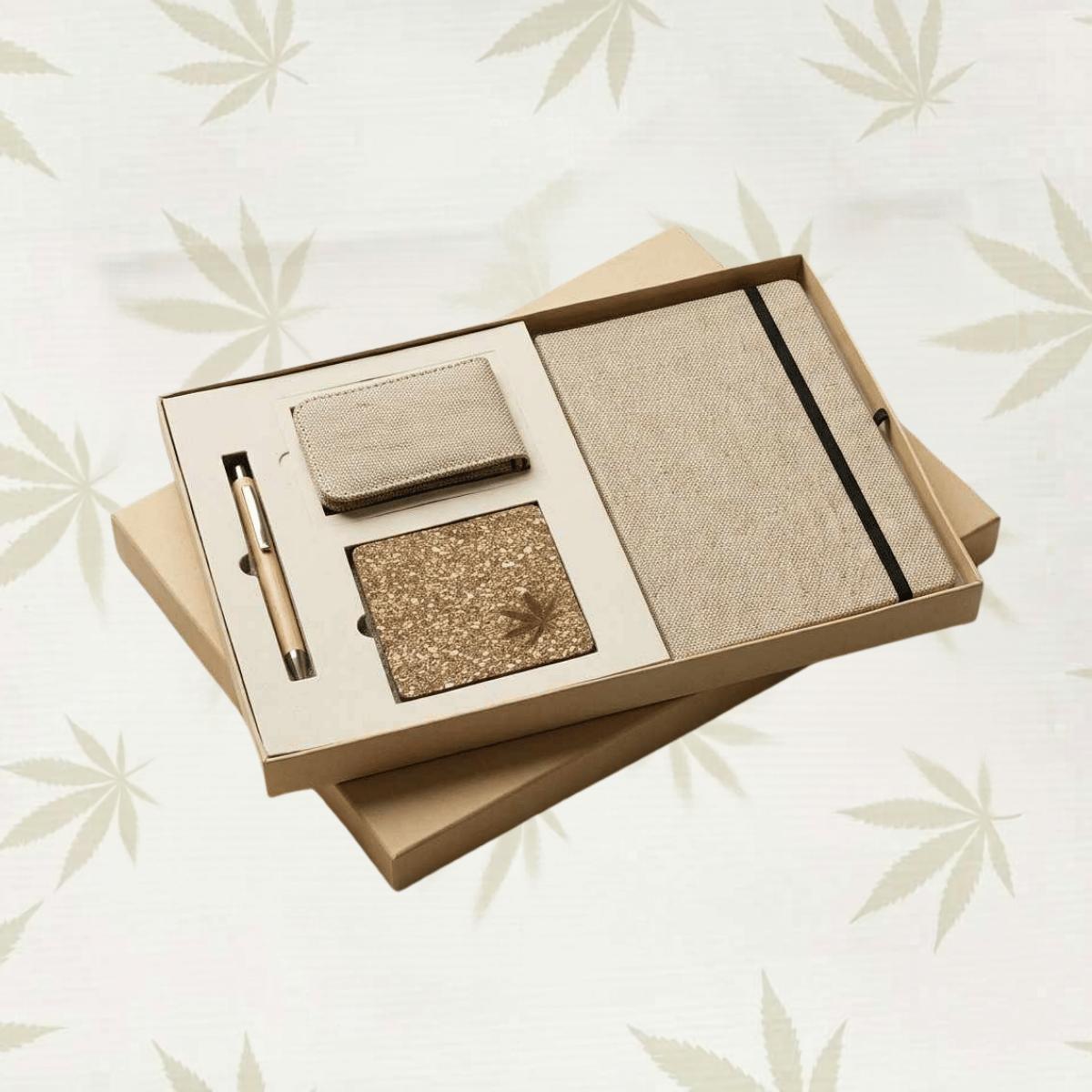 Sustainable Desk Gift set : Diary With Elastic loop, Vertical Card Holder, Coaster & Pen