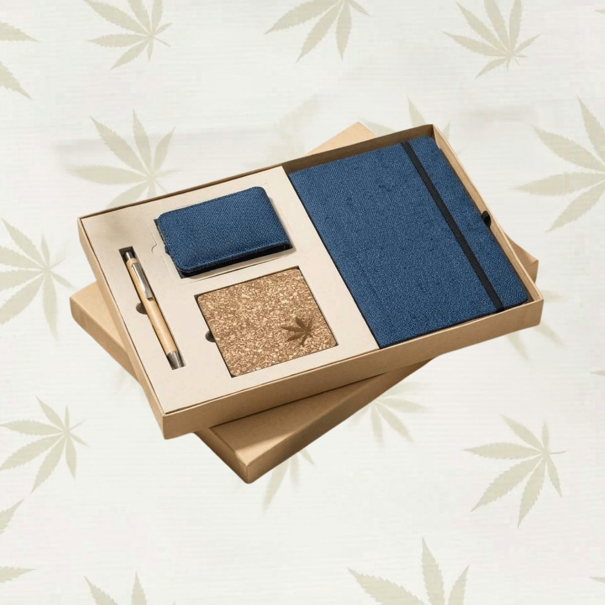 Sustainable Desk Gift set : Diary With Elastic loop, Vertical Card Holder, Coaster & Pen