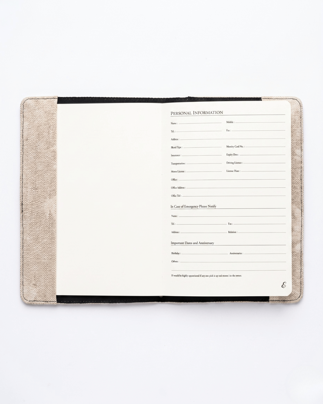 Hemp Diary Cover with Utility Pocket