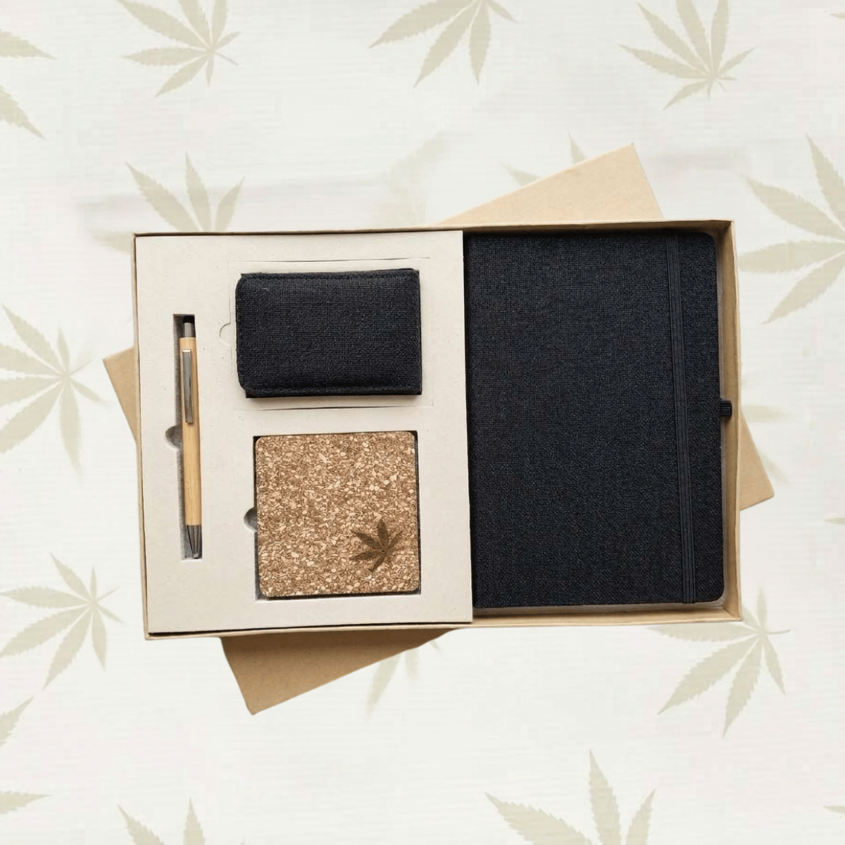 Sustainable Desk Gift set : Diary With Elastic loop, Vertical Card Holder, Coaster & Pen