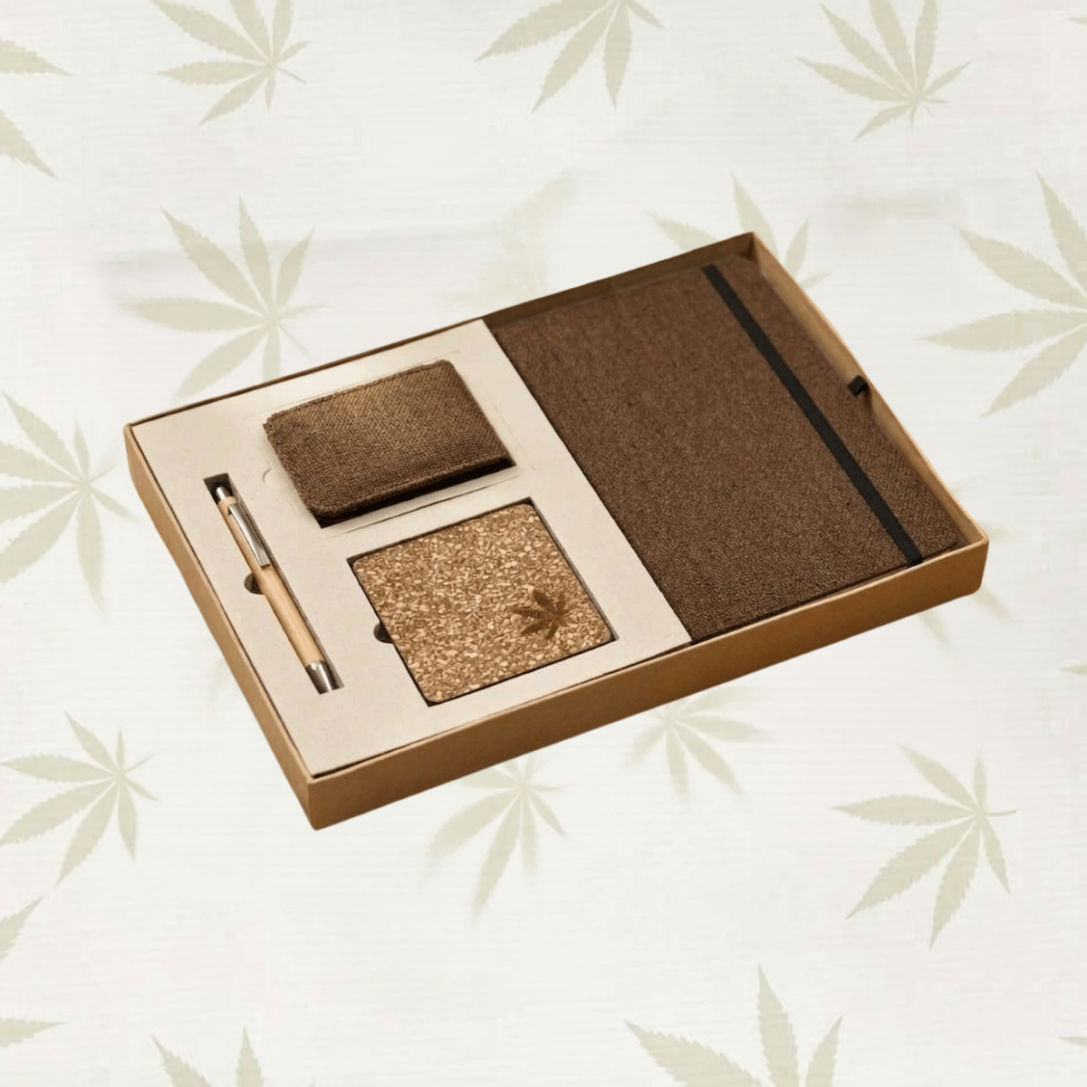 Sustainable Desk Gift set : Diary With Elastic loop, Vertical Card Holder, Coaster & Pen