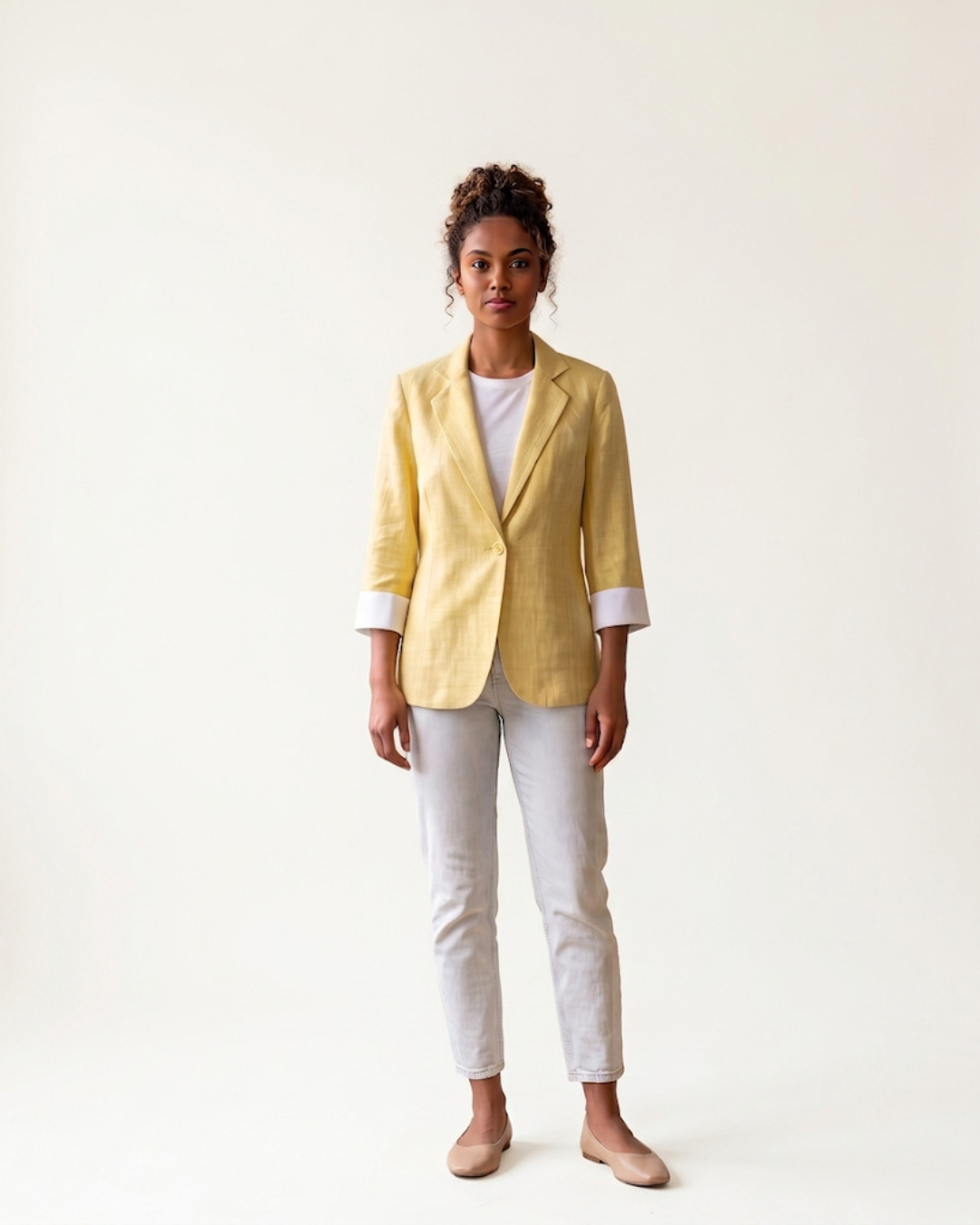 Hemp Yellow Front Button Quarter Sleeves Blazer