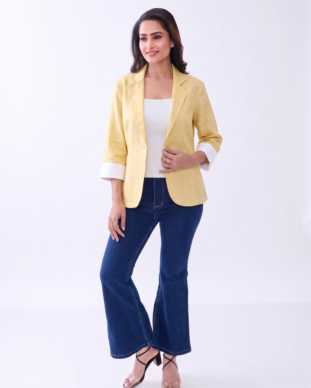 Hemp Yellow Front Button Quarter Sleeves Blazer