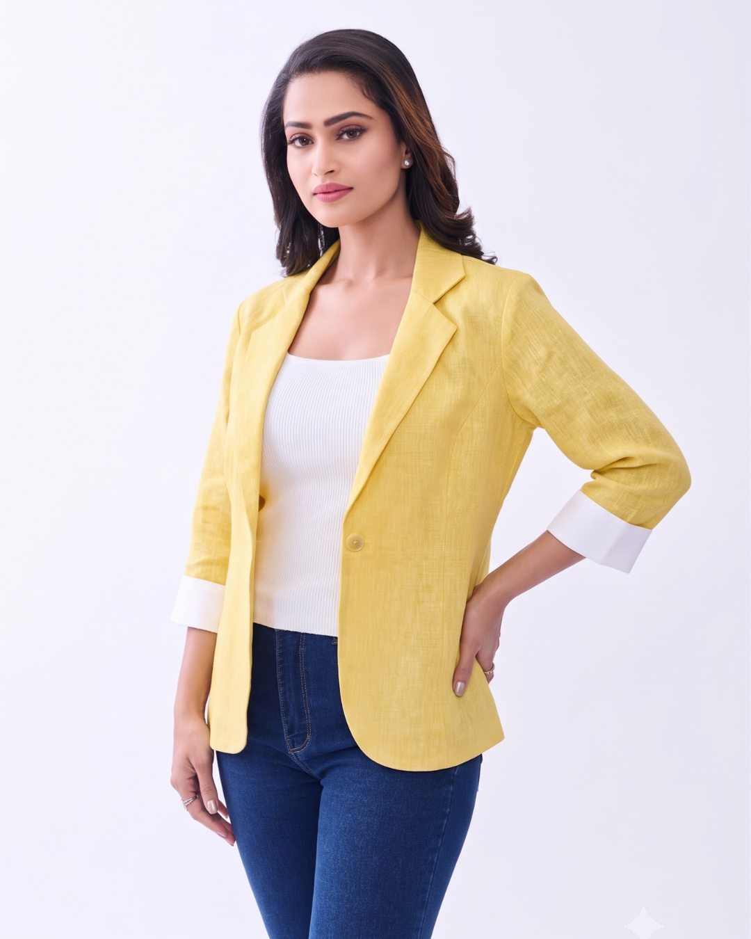 Hemp Yellow Front Button Quarter Sleeves Blazer