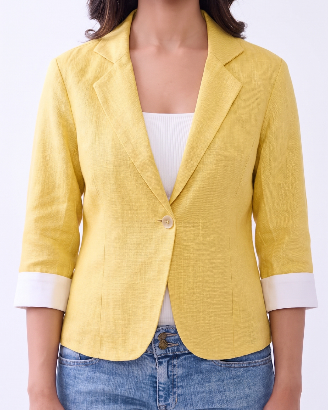 Hemp Yellow Front Button Quarter Sleeves Blazer