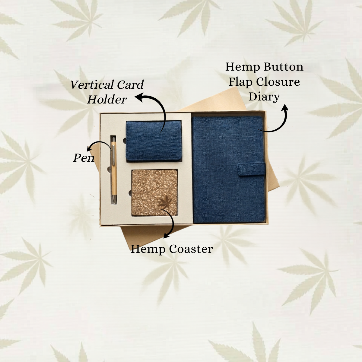 Sustainable Desk Hamper: Diary With Button Flap Closure, Vertical Card Holder, Coaster & Pen