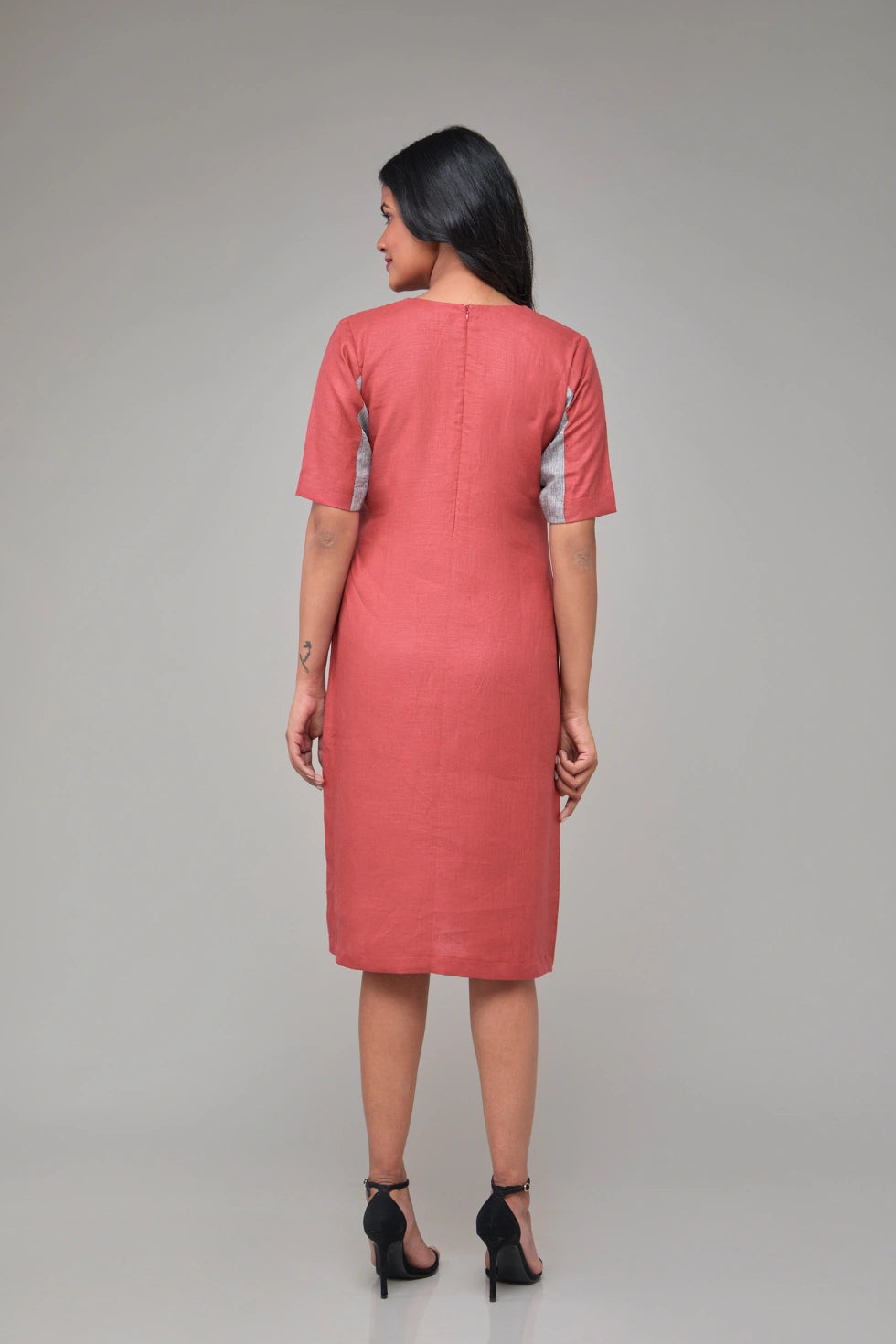 Contrast Half Sleeves Hemp Shift Dress thumbnail 2