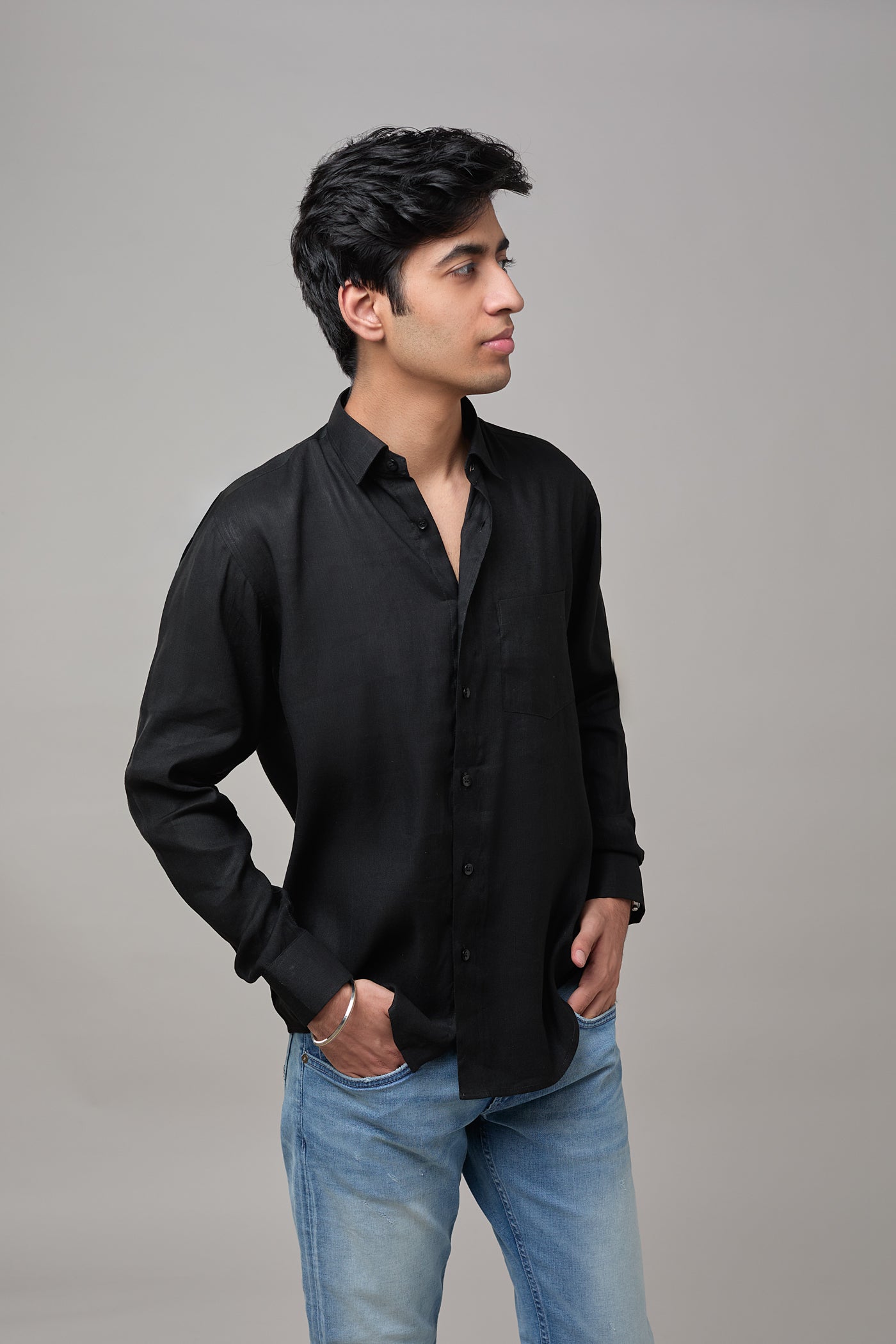 Men Solid Hemp Casual Black Shirt