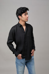 Men Solid Hemp Casual Black Shirt