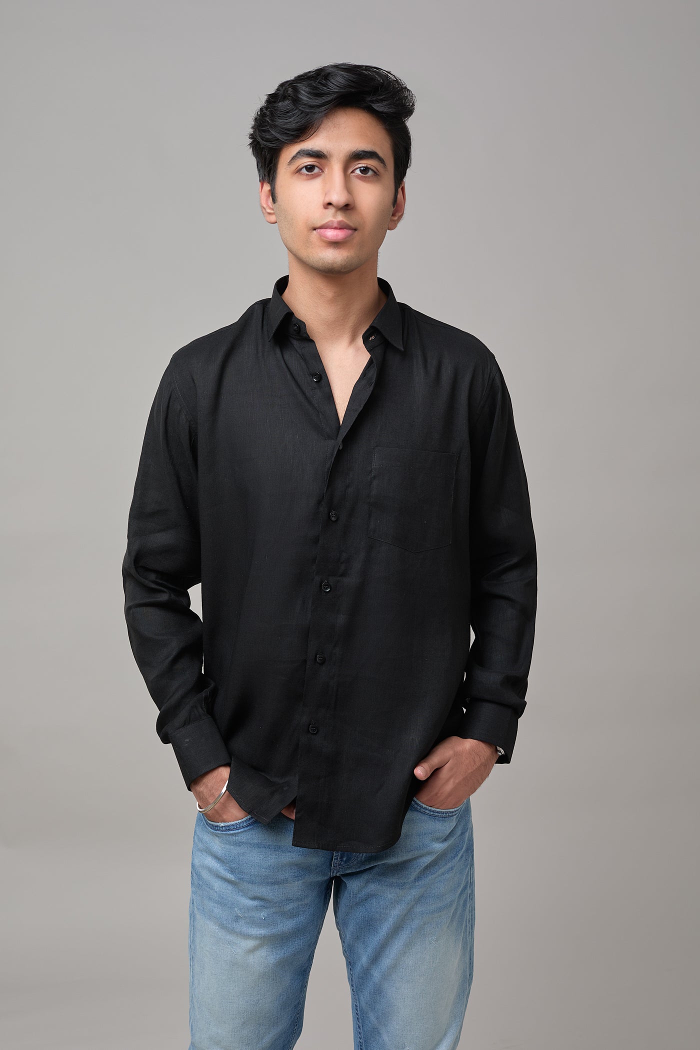 Men Solid Hemp Casual Black Shirt