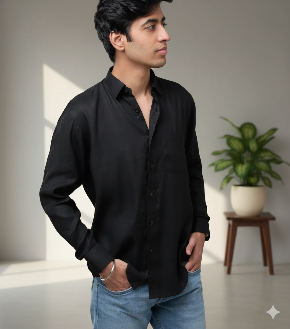 Men Solid Hemp Casual Black Shirt