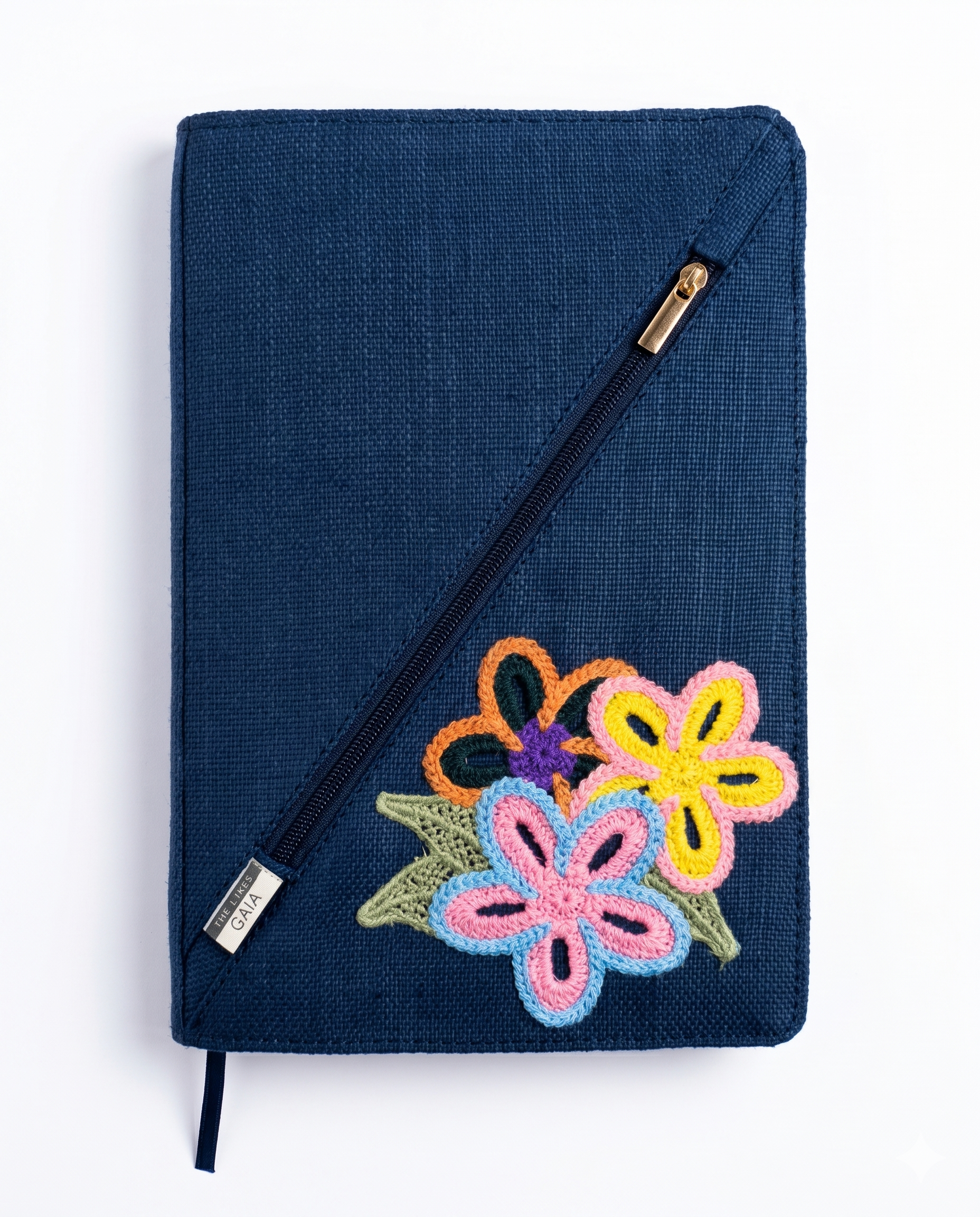 Hemp Diagonal Zip Diary Cover| Flora Applique Design