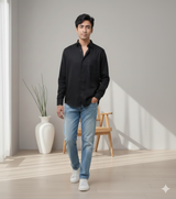 Men Solid Hemp Casual Black Shirt