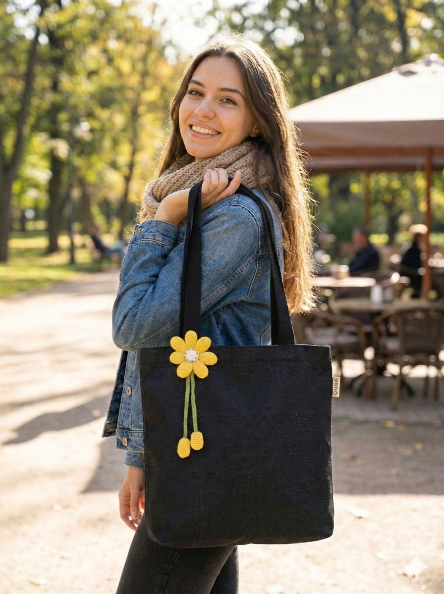 Hemp Black Travel Tote Bag with Yellow Crochet Flower Charm