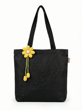 Hemp Black Travel Tote Bag with Yellow Crochet Flower Charm