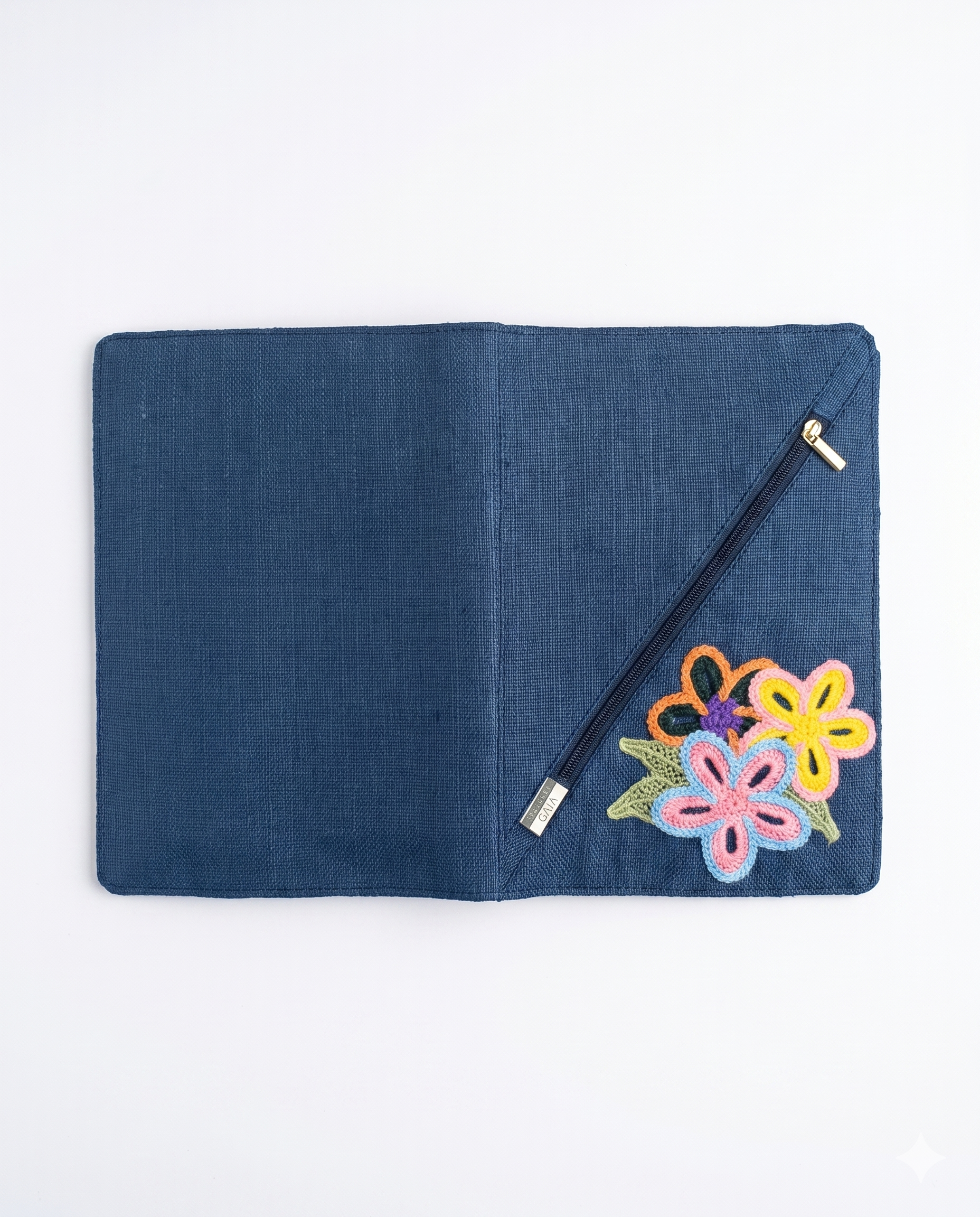 Hemp Diagonal Zip Diary Cover| Flora Applique Design
