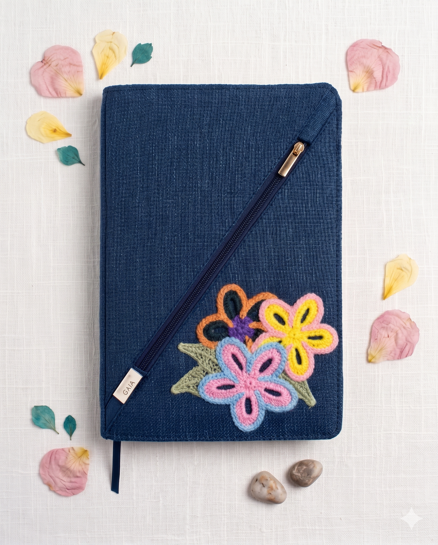 Hemp Diagonal Zip Diary Cover| Flora Applique Design