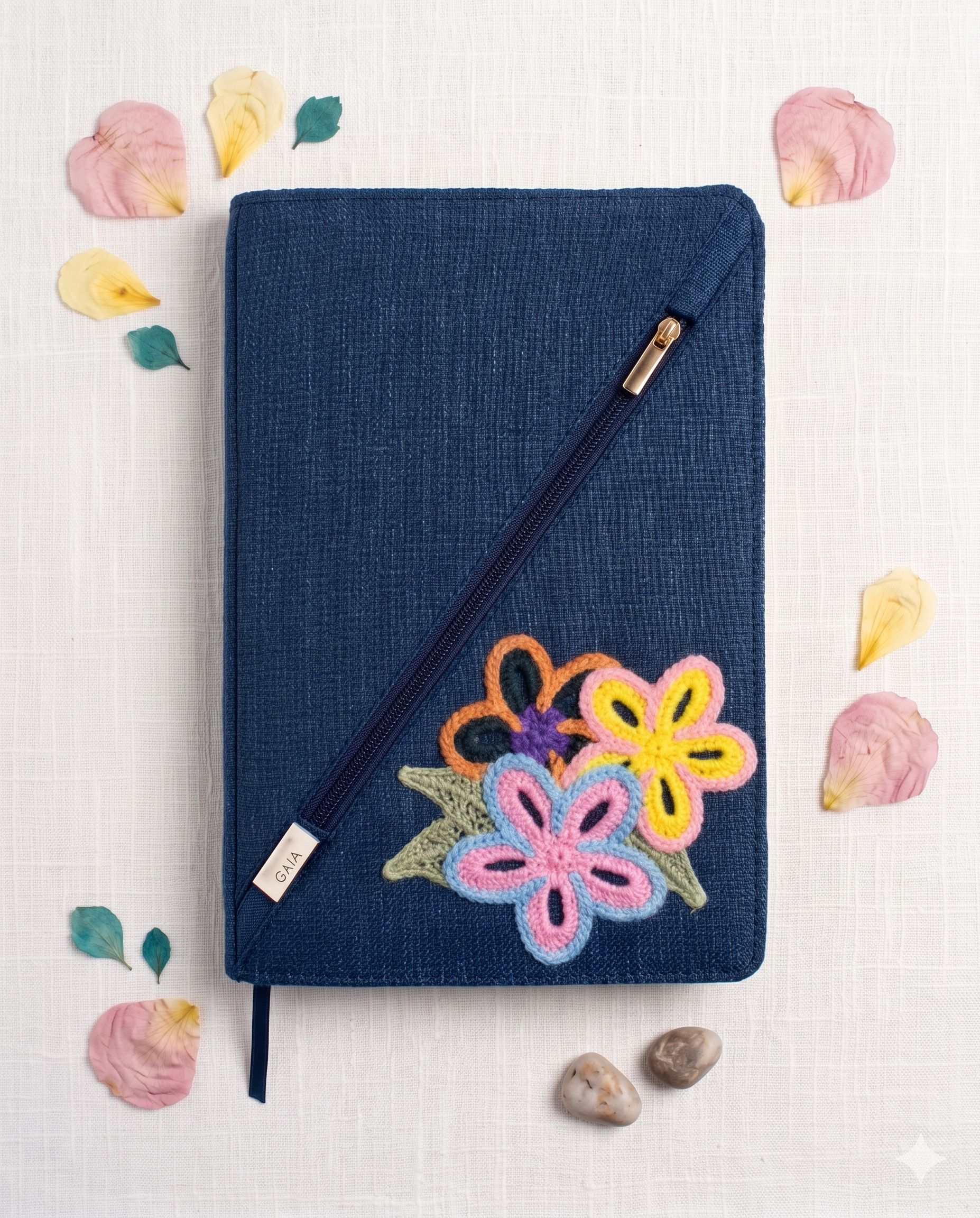 Hemp Diagonal Zip Diary Cover| Flora Applique Design